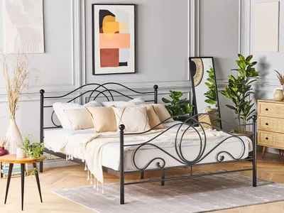 Obrázok produktu pre BELIANI Posteľný rám čierny kovový 140 x 200 cm s čelom lamelový rošt retro vintage dizajn