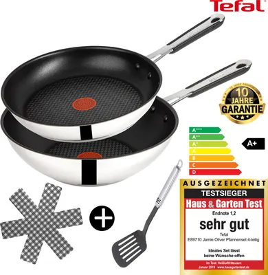 Produktbild von Tefal E89710 Jamie Oliver Pfannenset – 26cm Bratpfanne & 28cm Wokpfanne – Induktionsgeeignet, Titanium Antihaftbeschichtung, Thermo-Spot – inkl.
