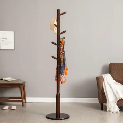 Holz-Garderobenständer, 9 Haken, 178x40x40 cm, freistehend, dunkelbraun