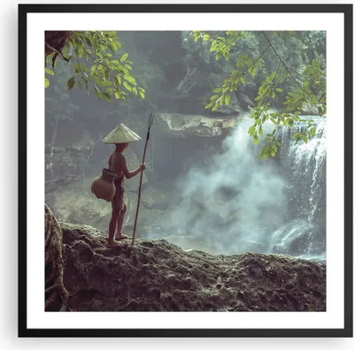 Produktbild von Gerahmtes Poster - Schwarzer Rahmen - Asien Junge Wasserfall - 60x60 cm - Wand Bild - Wanddeko - Wandbilder - Kunstposter - Wandposter - Bilderrahmen - Bilder - Kunstdruck - Wandbild - P2BAC60x60-4307
