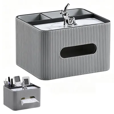 Imagen del producto de Caja de pañuelos de cuero sintético con 2 compartimentos para cosméticos