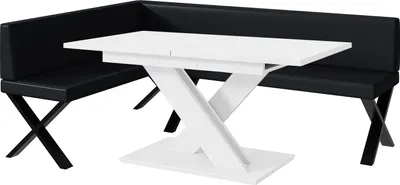Produktbild von MEBLINI Eckbank für Esszimmer mit ausziehbarem Tisch  - Küchenbank - Essecke - Sitzecke Küche - TONI - X-Beine 142x196x87cm Links - Schwarz Kunstleder/B Weiß Matt