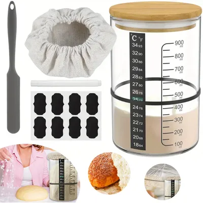 Produktbild von Sauerteig-Starter Glas-Set, Sauerteig Glas Mit Holzdeckel, Sauerteig Glas zum Backen von Sauerteigbrot