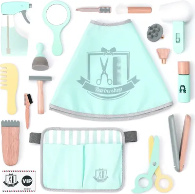 A collection of wooden toy hair salon accessories laid out on a white background.