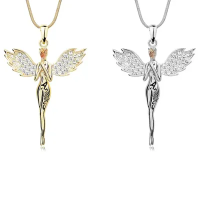 Productafbeelding van 2 zilveren en gouden kettingen met engelenbeeldjes, delicate engelbedels, glinsterende kristalvleugels, stijlvol sieraad cadeau voor dames en meisjes, J0243