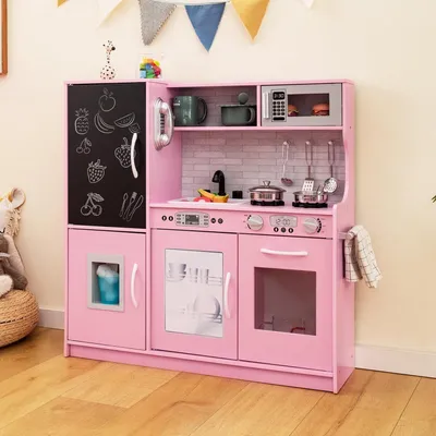 Produktbild von Kinderküche Holz mit Zubehör, Kinderspielküche Holzküche mit Herd Geschirrspüler Eismaschine Kühöschrank mit Tafel, für Kinder ab 3 Jahren (Rosa)