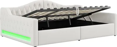 Obrázek produktu pro okwish Rozkládací postel 140x200 denní postel s 7 barevně nastavitelným LED osvětlením a úložným prostorem pod postelí, dětská postel s dřevěným rámem, přistýlka bez matrace, béžová