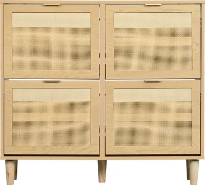 Image de OKWISH Meuble à Chaussures Avec 4 Tiroirs Basculants - Rangement Compact et Aéré pour Entrée ou Couloir - Rotin et Bois Chêne Clair 100x25x90 cm