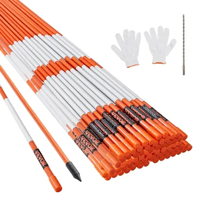 Productafbeelding van VEVOR inritmarkeringen, 100 stuks, 122 cm (48 inch), 1 cm (0,4 inch) diameter, oranje glasvezelstokken, sneeuwpalen met reflecterend lint, boor van 30 cm (12 inch) staal en beschermende handschoenen, geschikt voor parkeerplaatsen en voetpaden, zorgen voor goede zichtbaarheid