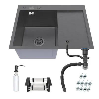 Immagine prodotto di ANW HOME Lavello cucina 63x50 cm nero PVD nano, acciaio inox 304, 1 vasca con gocciolatoio, scolapiatti telescopico, sifone, dosatore