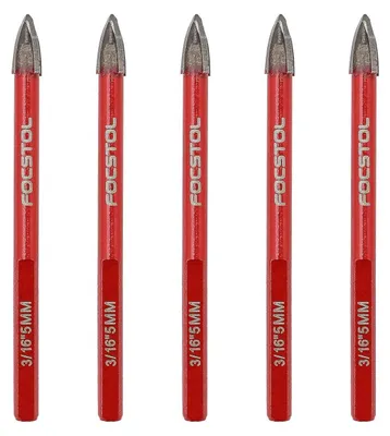 Zdjęcie produktu dla Zestaw wierteł do płytek: 5 wierteł z węglika wolframu o średnicy 5 mm, z trójkątną nasadką, do wiercenia w drewnie, plastiku, murze, ceramice, betonie i marmurze
