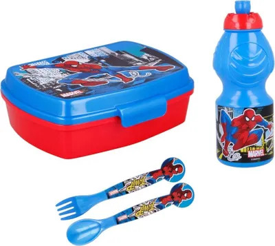 Produktbild von Marvel Spiderman 4 teiliges Set Lunchbox mit Trinkbecher und Besteck