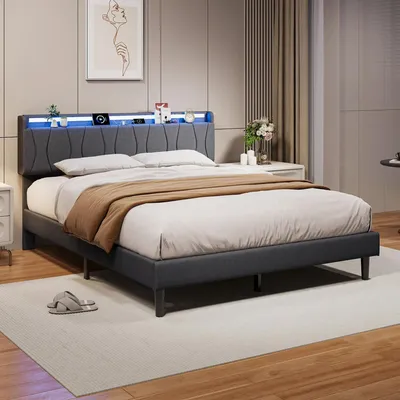 Produktbild von Kinderbett - Gepolstertes Doppelbett 140 x 200 cm - Holzrahmen - Lattenrost - Gepolstertes Kopfteil - Ohne Matratze - Grau