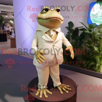Produktbild von Maskottchen REDBROKOLY eines braunen Frosches mit Abendkleid und Anstecknadeln