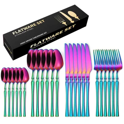 Produktbild von 24 Stück Besteck Set, Essbesteck Set für 6 Personen,Edelstahl, Spülmaschinenfes, Bunt