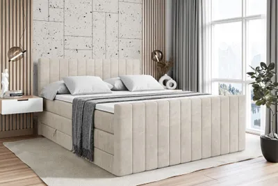 Produktbild von ALTDECOR Boxspringbett mit Fußteil, 2 Matratzen und Topper - 180x200 cm - EDITA-Z KING - creme Samt - Polsterbett mit, H3- und H4- Matratzen, Bettkasten und Lattenrost, Bett mit Stauraum