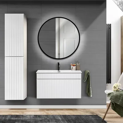 Produktbild von Badezimmermöbel Set mit LED Spiegel und Hochschrank IRAKLIO-56 in weiß matt, B/H/T: ca. 135/200/46 cm