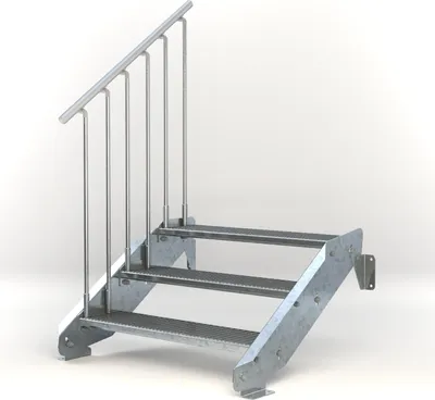 A three-step metal staircase with a handrail, shown against a white background.