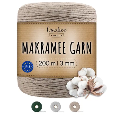 Produktbild von Creative Deco 200m Dunkel-Beige Makramee-Garn Baumwoll-Polyester-Kordel Baumwoll-Schnur | 2-3 mm Dicke