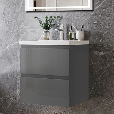 Produktbild von 50 cm Badmöbel-Set Unterschrank mit Keramik waschtisch 2 Schubladen soft-close Hochglanz Anthrazit Selbstmontierter