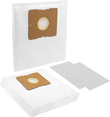 A stack of vacuum cleaner bags and two loose sheets are arranged on a white background.