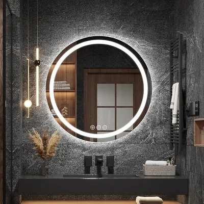 Image de Miroir rond avec éclairage, miroir de salle de bain de 60 cm avec éclairage, miroir mural avec éclairage frontal, fonction anti-buée, variateur d'intensité, avec 3 couleurs de lumière réglables
