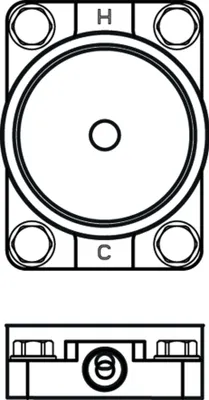 A technical drawing of a plumbing component, showing top and side views.