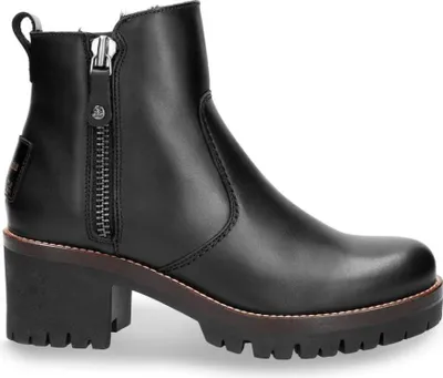 A black leather ankle boot with a side zipper and a thick lug sole.