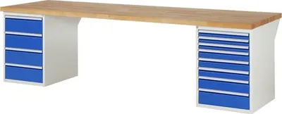 Produktbild von Werkbank mit 12 Schubladen - Vollauszug - 60:3 / 90:3 / 120:1 / 150:1 / 180:4 - 840 x 3.000 x 900 mm (HxBxT) - Traglast 1.000 kg - Buche