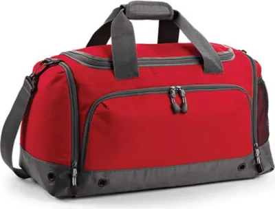A red and gray sports duffel bag shown from a three-quarter front view against a white background.