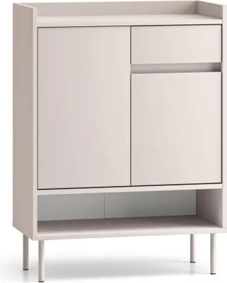 A light gray cabinet with two doors and a drawer, standing on four legs, against a white background.