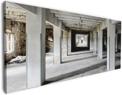 Produktbild von Wallario Premium Leinwandbild Alte Industriehalle - einsame Lagerhalle einer Brauerei in Größe 80 x 200 cm