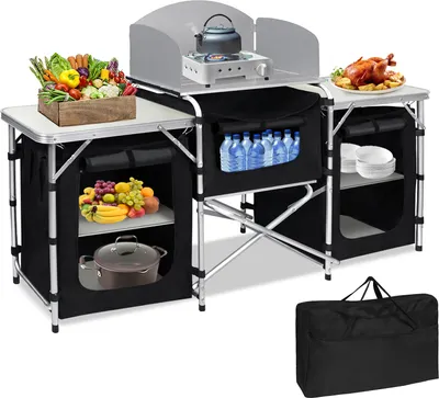 Image de XMTECH 174x46x110cm Cuisine de camping avec structure en aluminium Armoire de camping Cuisine de voyage Box de cuisine Armoire de tente y compris sac de transport