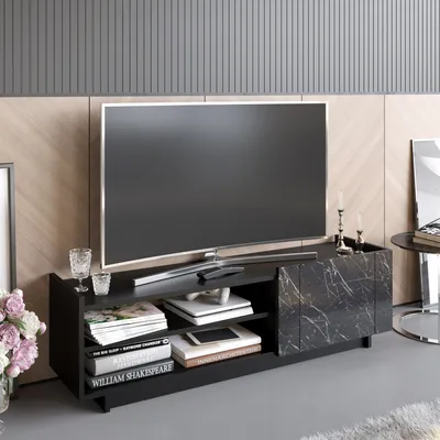 Immagine prodotto di Skye Decor, mobile TV moderno in nero e marmo, dimensioni 140 x 41,4 x 37,1 cm | Realizzato in pannello di particelle rivestito in melamina al 100%, spessore 18 mm | Possibilità di montaggio a parete, numerosi ripiani.