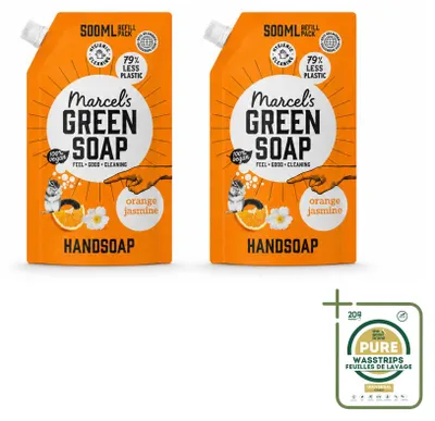 Immagine prodotto di 2 flaconi ricarica di sapone liquido per le mani "Marcel's Green Soap", profumo arancia e gelsomino, 500 ml, confezione risparmio, 2 pezzi