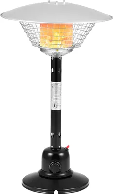 A standalone patio heater with a visible flame.