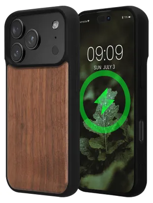 Produktbild von kwmobile Echtholz Schutzhülle kompatibel mit Apple iPhone 17 Pro Hülle - Cover aus Holz und TPU - Kompatibel mit MagSafe - Case in Dunkelbraun