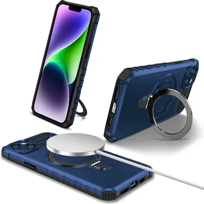 Image de Étui pour iPhone 14 magnétique avec MagSafe, porte-anneau, support, étui de protection double couche bleu