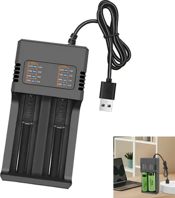 Produktbild von USB Akku Charger, 2 Slots, 3.7V Li-Ion, LED Anzeige, Überladungsschutz, 18650/26650