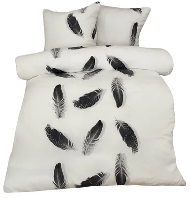 Produktbild von Thermofleece Mikrofaser Bettwäsche Set 200x220 cm Weiß Schwarz Federdesign mit Reißverschluss