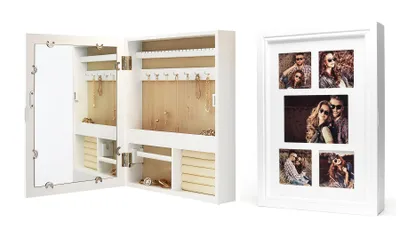 Produktbild von Schmuckschrank Weiß H45cm Bilderrahmen 5 Fotos MDF Holz Schmuckkasten Spiegel Wanddeko Schmuckaufbewahrung Ringhalter