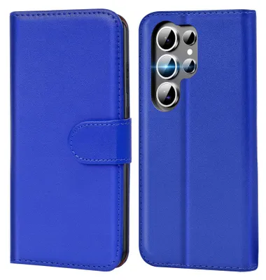 A blue flip case for a smartphone is shown from two angles, one closed and one open to reveal the camera array.