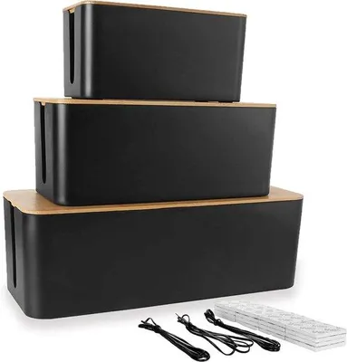 Produktbild von Famanu Kabelboxen Set – Große Kabelorganizer Box mit Holzdeckel – Schwarz