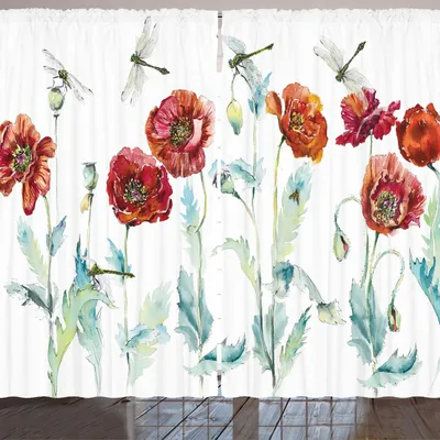 Produktbild von ARANDE Blumen Insekten Gardine, Aquarell-Layout von Hand gezeichnete Mohnblumen und Blätter auf einem einfachen Hintergrund, 280 x 225 cm, Mehrfarbig