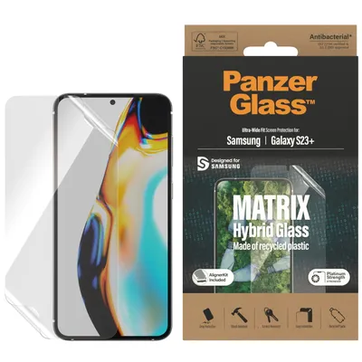 Obrázek produktu pro PanzerGlass ® ECO MATRIX Screen Protector Samsung Galaxy S23+ | Ultra-Wide Fit w. AlignerKit, Samsung, Samsung - Galaxy S23+, Aplikace nasucho, Odolné proti poškrábání, Odolný proti nárazům, Antibakteriální, Průhledná, 1 kusů