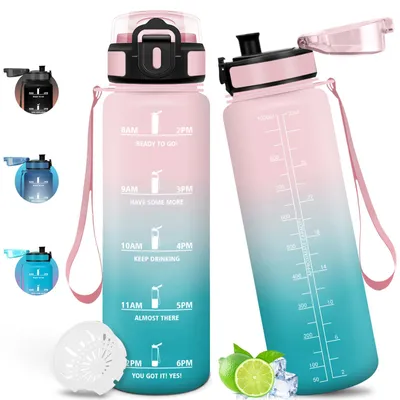 Produktbild von Trinkflasche 1000ml Sport mit Zeitmarkierung, Auslaufsicher, BPA-frei, Rosa-Grün