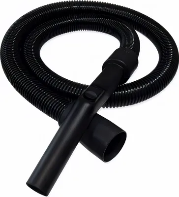 A black vacuum cleaner hose is coiled on a white background.