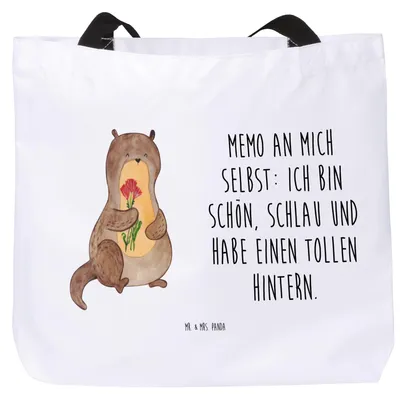 Produktbild von Mr. & Mrs. Panda Einkaufstasche Otter Blumenstrauß - Weiß - Geschenk, Selbstliebe, Süß, Positiv, studententasche, Laptoptasche, Tote Bag, Achtsamkeit, Schultasche, Tasche
