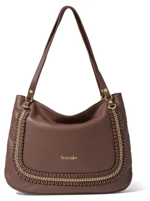 Produktbild von Damen Schultertasche aus echtem Leder, braun, mit goldener Kette, 42,5 x 32 x 14 cm