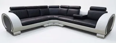 Zdjęcie produktu dla Czarno-biała, rogowa sofa w kształcie litery L. Nowoczesna, tapicerowana sofa skórzana